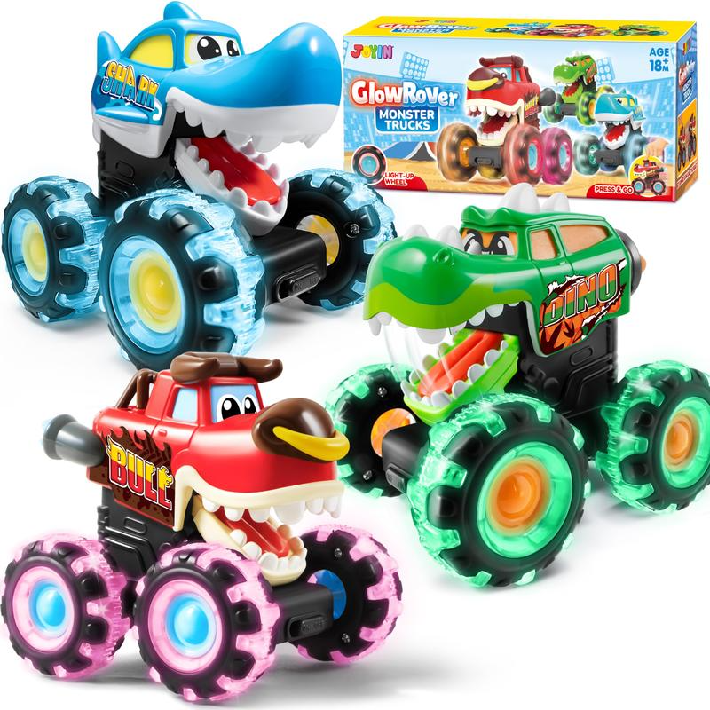 Toys for Kids 3 Pack Monster Truck Toy, Motion Activated Light-Up Cars, Press & Go Cars for Boys Girls, Christmas Gifts for Kids Baby Toy Present Dinosaur Carrier Truck,MONSTER TRUCK SETValentine's Day Gifts for Kids