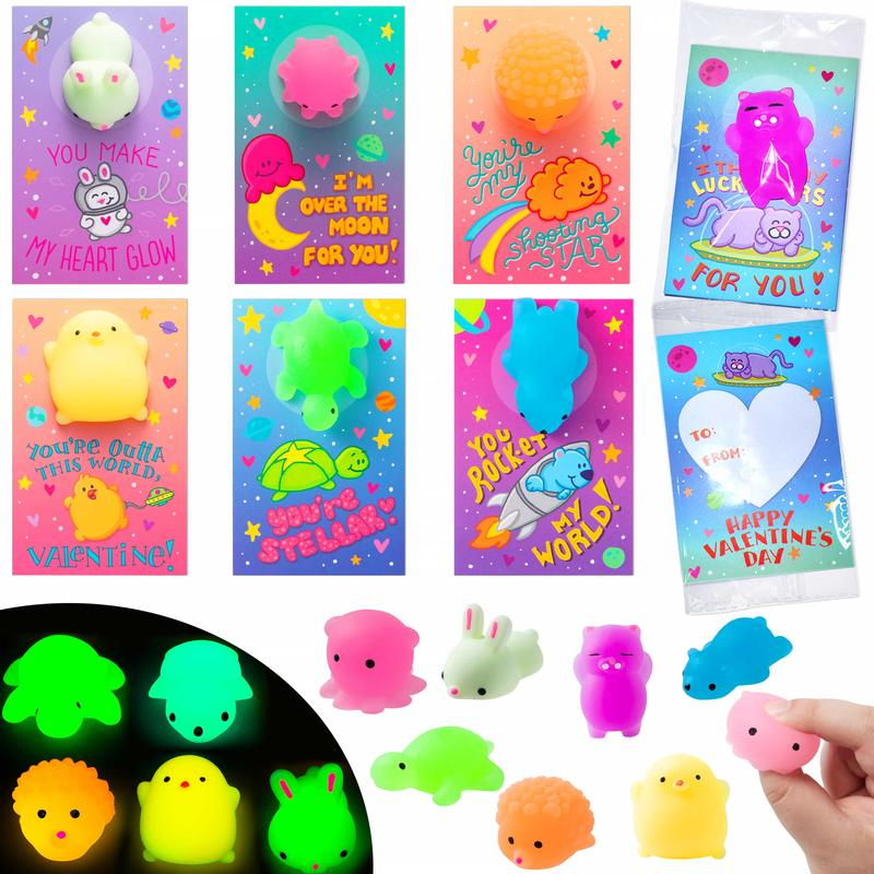 28Pcs Kids Valentines Cards Mochi Squishy Toys with Glow-in-The-Dark & Glitter Mochi Stress Relief Classroom Exchange Prizes Valentine Party Favor Toy 2025 Sensory BundleValentine's Day Gifts for Kids