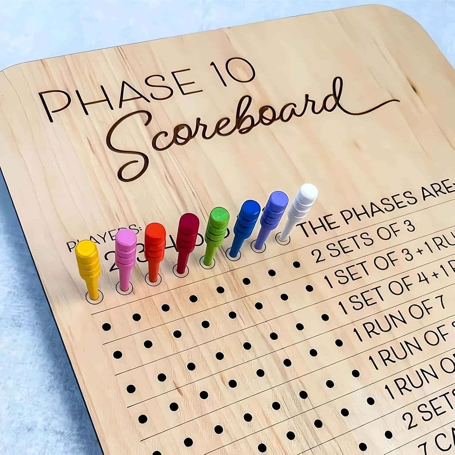 1pc Wooden Phase 10 Score Board, Math, Round Tracker with 8 Colored Pegs, Phase 10 Score Sheets, for Board Card Games, Party, Family, Phase 10 Score Sheets, Board Card Games for Party Family