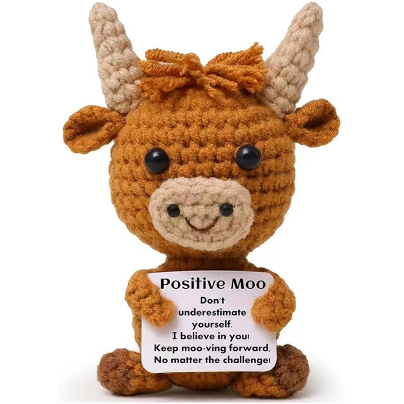 Mini Funny Positive Highland Cow, Knitted Wool Cow Toy with Positive Card, Cute Crochet Doll, Soft Stuffed Animal, Emotional Support Gift for Friends & Family