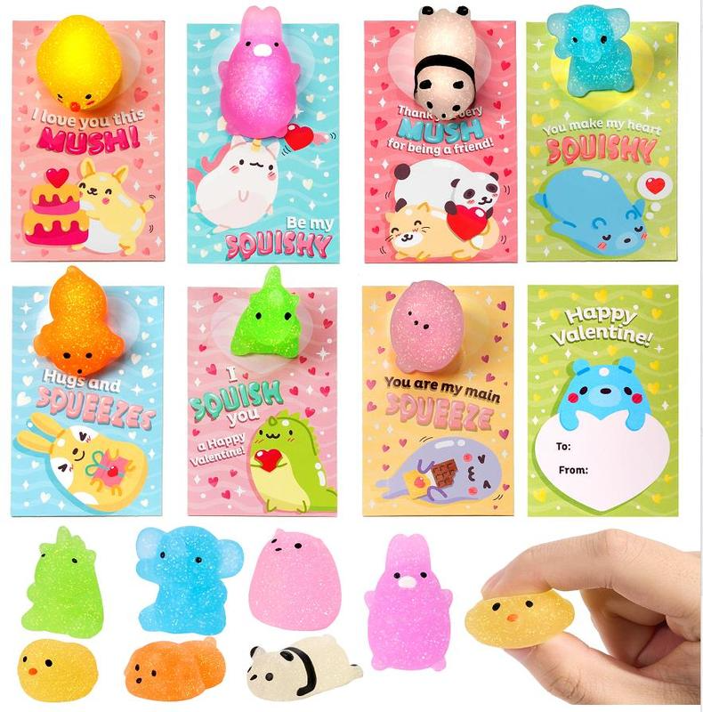28Pcs Kids Valentines Cards Mochi Squishy Toys with Glow-in-The-Dark & Glitter Mochi Stress Relief Classroom Exchange Prizes Valentine Party Favor Toy 2025 Sensory BundleValentine's Day Gifts for Kids