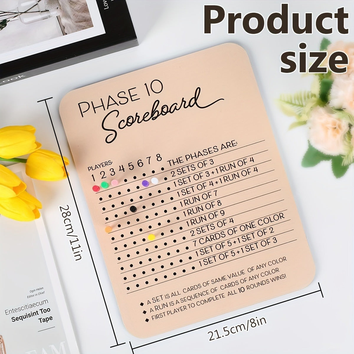 1pc Wooden Phase 10 Score Board, Math, Round Tracker with 8 Colored Pegs, Phase 10 Score Sheets, for Board Card Games, Party, Family, Phase 10 Score Sheets, Board Card Games for Party Family