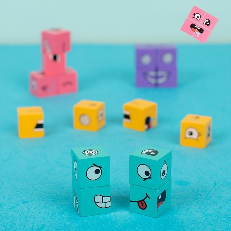 Wooden Expression Changing Block Stacking Toy, Expression Changing Block Stacking Toy with Bell & Card, Multiplayer Competitive Entertainment Game Toy, Family Fun Game