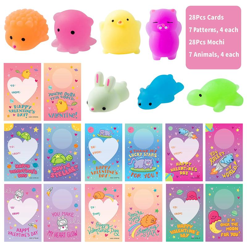 28Pcs Kids Valentines Cards Mochi Squishy Toys with Glow-in-The-Dark & Glitter Mochi Stress Relief Classroom Exchange Prizes Valentine Party Favor Toy 2025 Sensory BundleValentine's Day Gifts for Kids