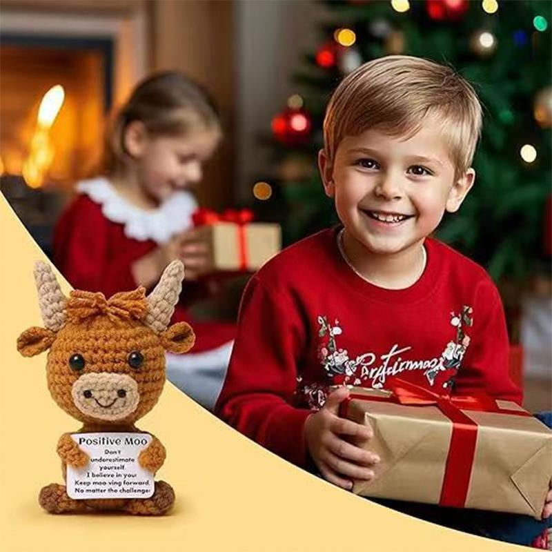 Mini Funny Positive Highland Cow, Knitted Wool Cow Toy with Positive Card, Cute Crochet Doll, Soft Stuffed Animal, Emotional Support Gift for Friends & Family