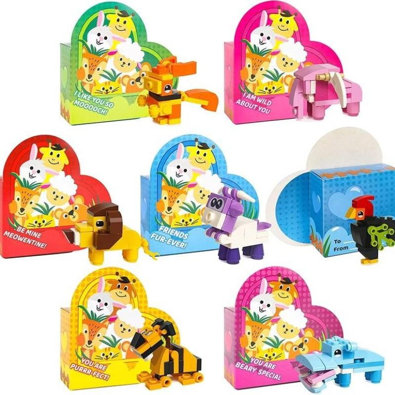 Animal Building Blocks Valentines Cards for Kids 2025 Valentine's Day Gifts 24Pcs & 26Pcs Heart-Shaped Boxes with Love Notes Creativity Imagination Playtime Wind-up toy