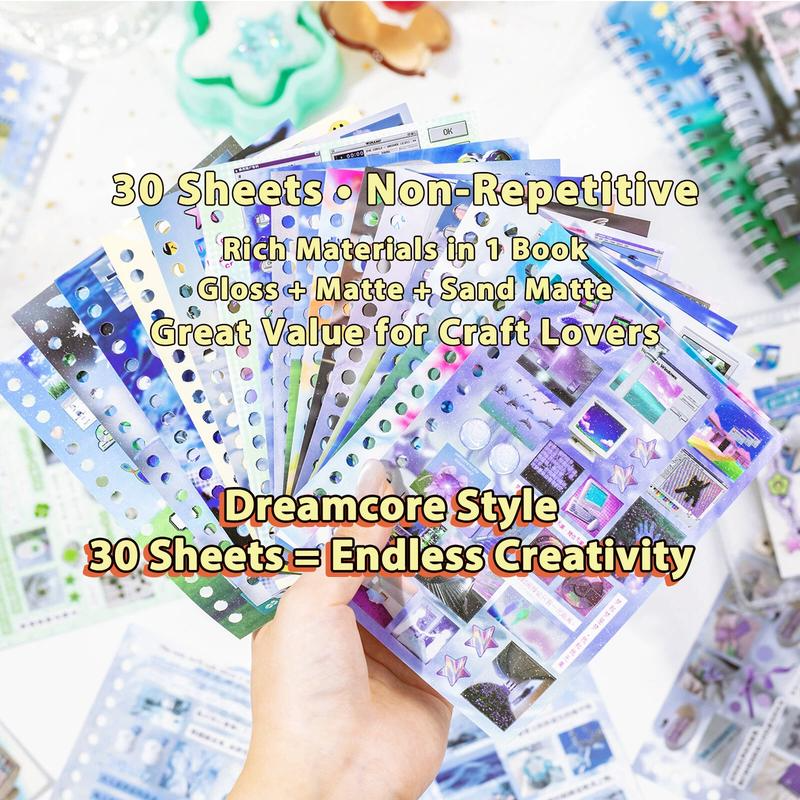 2 Styles 30 Sheets Dreamcore Aesthetic Sticker Book – Die-Cut Glossy/Matte Textured Stickers for Journaling, Scrapbooking, Collage Art & INS Softcore Decor
