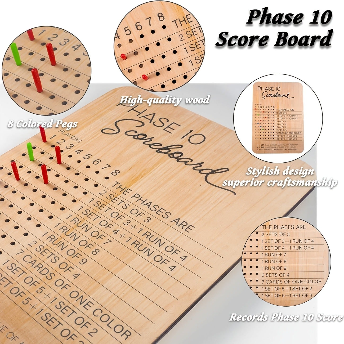 1pc Wooden Phase 10 Score Board, Math, Round Tracker with 8 Colored Pegs, Phase 10 Score Sheets, for Board Card Games, Party, Family, Phase 10 Score Sheets, Board Card Games for Party Family