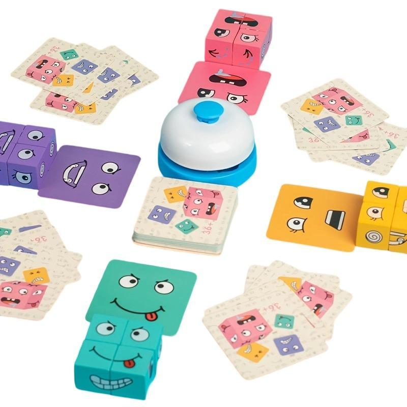 Wooden Expression Changing Block Stacking Toy, Expression Changing Block Stacking Toy with Bell & Card, Multiplayer Competitive Entertainment Game Toy, Family Fun Game