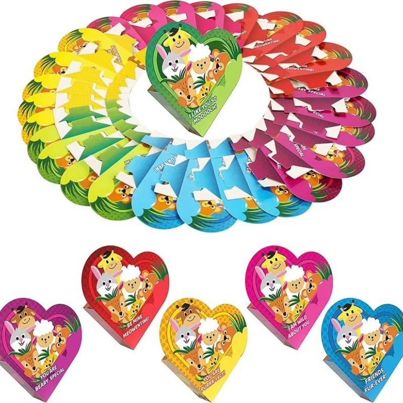Animal Building Blocks Valentines Cards for Kids 2025 Valentine's Day Gifts 24Pcs & 26Pcs Heart-Shaped Boxes with Love Notes Creativity Imagination Playtime Wind-up toy