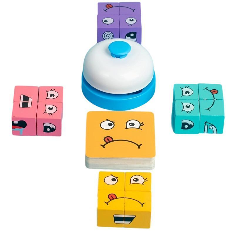 Wooden Expression Changing Block Stacking Toy, Expression Changing Block Stacking Toy with Bell & Card, Multiplayer Competitive Entertainment Game Toy, Family Fun Game